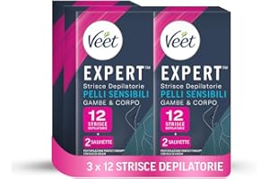 Veet Expert 36 Strisce Depilatorie Gambe e Corpo, Ceretta per Pelli Sensibili con Olio di Mandorla, Dermatologicamente Testate, 3 confezioni da 12 strisce