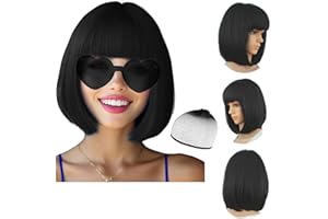 DAJOOEE Set di parrucche per feste, con cuffia e occhiali da sole, parrucca corta a caschetto dritta con frangia piatta, sintetica, colorata, per cosplay, feste quotidiane e feste (nero scuro)