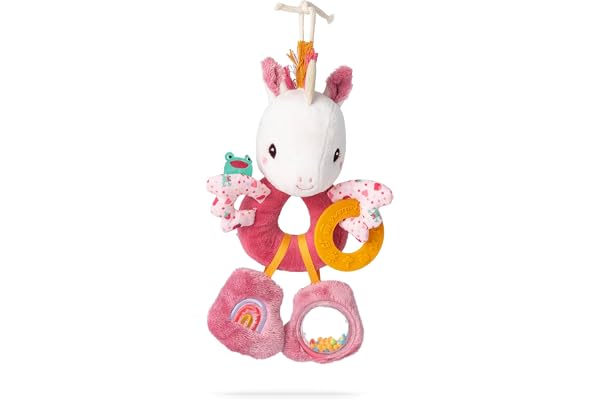LILLIPUTIENS - Anneaux Multi activités Lena la Licorne - Jouet d’éveil pour bébé avec Sons, Textures et Couleurs - Facile à Attraper, stimule Les Sens - Idéal Cosy, Parc ou Voiture - Dès 3 Mois
