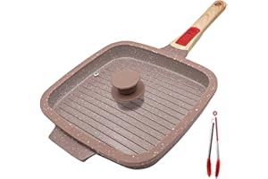 RANX INGST Poêle Grill en Céramique avec Couvercle, 26 cm Poêle à Griller avec Poignée Amovible Antiadhésive Tous feux dont Induction