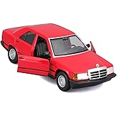 Bburago Mercedes 190E (1987): 1:24 &ouml;l&ccedil;eğinde model araba, hareketli kapılar, kırmızı (18-21103B)