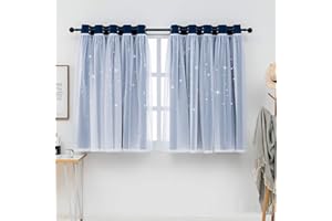 QINUO HOME 54 Inch Drop Curtains for Bedroom - Eyelet Curtains Star Cutout with Net Curtain Voile, Thermal Nursery Curtains for Kids Room Window Treatment, 2 Panel Sets, 66 x 54 Inch, Navy