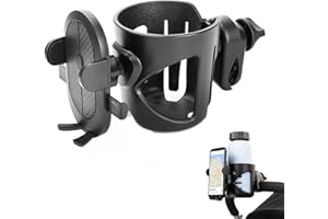 ADQOO Pram Cup Holder with Phone Holder,Drink and Coffee Cup Holder Milk Bottle Holder, Universal Adjustable Accessories for Baby Stroller,Pushchair,Wheelchairs,Bikes,Rollator Walker and More