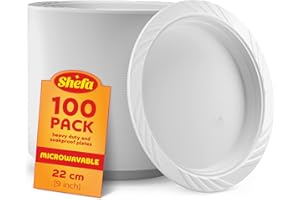 Shefa 100 White Plates, Reusable & Washable, Heavy Duty Dinnerware, Microwave-Safe Crockery - Ideal for Birthday, Parties, Camping, Catering (9 inch Plates, White)