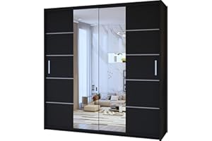 FURNITUREWAVE Eden Stylish Sliding Wardrobe Modern Storage Solution for Your Bedroom (Black, 203cm)