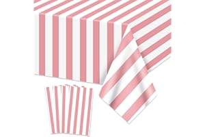 PIXHOTUL 4 Pcs Pink and White Stripes Tablecloths, Pink Stripe Table Cover, Plastic Table Decoration for Holiday, Birthday, Baby Shower, Wedding, 130 x 220cm