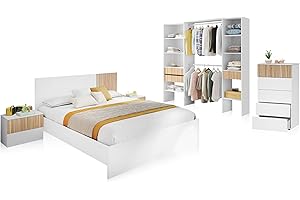 duehome | Pack de Dormitorio con Cabecero + 2 mesitas de Noche + Comoda + Armario vestidor y Cama Doble, Conjunto de Dormitorio, Modelo Nitza 5C MAX, Acabado en Blanco Artik y Roble Natur