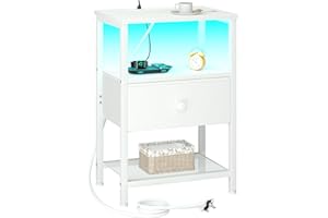 LOAKEKEL Bedside Table with Charging Station, Small Sofa Side Table with LED Light, Bedside Cabinet with Fabric Drawer and Open Storage Shelf, Nightstand for Living Room, Bedroom, White UHETS01WT-1
