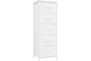 Somdot Tall Chest of Drawers for Bedroom with 5 Drawers, Storage Organiser Fabric Dresser for Closet Bedside Nursery Laundry Living Room Entryway Hallway, White Leather