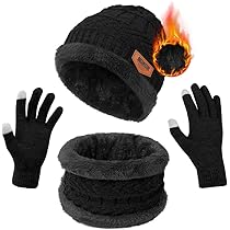 Womens Mens Winter Beanie Hats Scarf Touchscreen Gloves Set Warm Chenille Fleece Lined Skull Caps Neck Warmer Gifts For Women Men