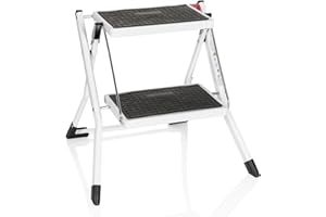 hjh OFFICE Escabeau à 2 Marches en Acier, Marche-Pieds Pliable Solid W1 Marchepied Antidérapant pour Maison et Cuisine, Capacité 150 kg, avec Poignée, Blanc