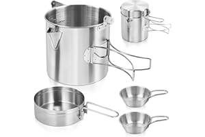 BILIPLE Camping Kochgeschirr 1L Camping Topf Edelstahl Tasse Outdoor Kochtopf mit Deckel und klappbarem Griff Camping Geschir für Camping Wandern Angeln Picknick