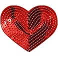 (Pack of 5) Heart Shaped Sequin Iron on Patches Embroidered Sew Appliques for DIY Outfit Pants T-Shirt (Red)