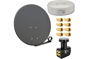 PremiumX Satelliten-Komplettanlage 80cm Satellitenschüssel Anthrazit SAT Quad LNB 50m Kabel 8X F-Stecker für 4 Teilnehmer