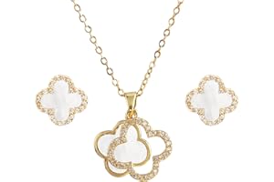 XIWCAFC Quadrifoglio Set di Gioielli da Donna,18K oro rosa Parure Gioielli Set Acciaio al Titanio Set di Collana e Orecchini Parure di Gioielli da Sposa Damigella d'Onore Regalo Dirndl Gioielli