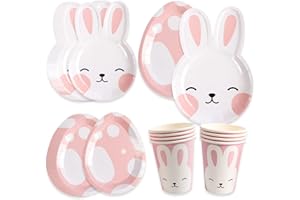 CLVSYH Vajilla para Fiesta de Pascua, Set de 24 Vajillas para Conejo de Pascua, Vasos de Papel para Fiesta de Cumpleaños Infantil, para Decoración de Fiesta de Pascua, Artículos para fiestas (Rosa)