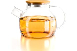 Yuning Teekanne Glas, Teekanne Glas mit Bambus Deckel 1 Liter- Herdplattensichere Teekanne aus Gla Teekannen aus Glas für losen Tee, Blütentee, und so weiters- Spülmaschinenfest