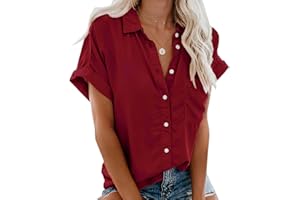Xnova Camisa Manga Corta de Mujer Básica Blusa Botón Cuello en V Oversized Tops Sólido Essentials Shirt, Cuello con Solapa de Verano Camiseta con Bolsillo