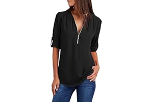 Tuopuda Magliette Donna Estive Camicette Manica Lunga Camicia Elegante Blusa Moda T-Shirt Scollo a V Top con Cerniera Tee Maglietta Casual Shirt Tinta Unita Pullover Taglie Forti