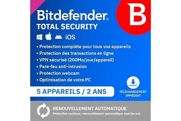 Bitdefender Total Security| 5 Appareils | 2 Ans | PC/Mac/iOS/Android | Code d’activation par email | Renouvellement Automatique