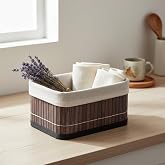 Mini organisateur rectangulaire en bambou Deconox et panier de rangement &ndash; Salle de bain en bois gris, organisateur de maquillage et de bureau, d&eacute;coration doubl&eacute;e de tissu