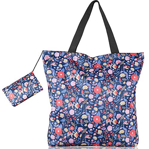 LOVEXIU Bolso Playa Grande Impermeable, Niña Bolsas de Playa Azul Floral, Mujer Bolsas Reutilizables Compra Estanca,Ligero, Longitud 43cmx37cm Anchura de Fondo con Pequeña Bolsa Pouch Cremallera
