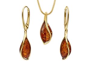 Schmuck Set Damen Silber 925 Bernstein Kette Ohrringe Geschenkset Tasche Karte Geschenkbox Geschenke für Frauen Valentinstag Jahrestag Geburtstag Muttertags Geschenk für Sie Freundin Ehefrau Mädchen