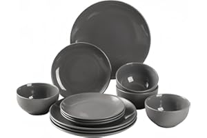 simpa 12PC Grey Glazed Ceramic Stoneware Dinner Set. 4 Dinner Plates, 4 Side Plates & 4 Bowls. Dishwasher & Microwave Safe.