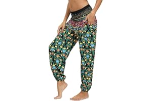 Nuofengkudu Femme Harem Pantalon Yoga Sarouel Legers Hippie Baggy Léger Ethnique Calqué Smockée Taille Haute avec Poches Été Plage