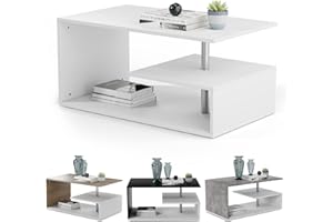 ‎MIADOMODO MIADOMODO® Couchtisch - 90x50 cm, mit Stauraum, Modern, Eckig, Asymmetrisch, Leicht, Lang, Niedrig, Weiß mit Betonoptik/Eichenoptik/Grau - Wohnzimmertisch, Sofatisch, Kaffeetisch (Weiß)