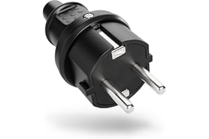 GREATE ABSINA Fiche mâle en caoutchouc anti courbures - fiche prise electrique male noire, 250V, 16A, IP22 pour usage intérieur - fiche schuko male en caoutchouc solide