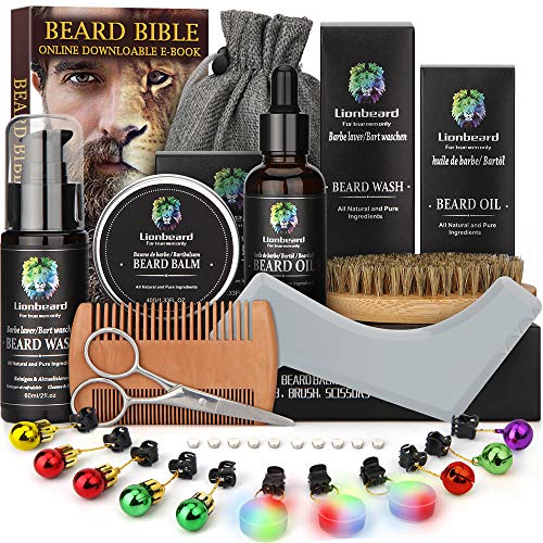 Beard Care Kit for Men Dad Beard Growth Grooming & Trimming, Beard Shampoo Wash, Beard Oil Conditioner, Balm Wax, Brush, Comb, Scissors, Shaping Template Tool, Perfect Gift Set for Him