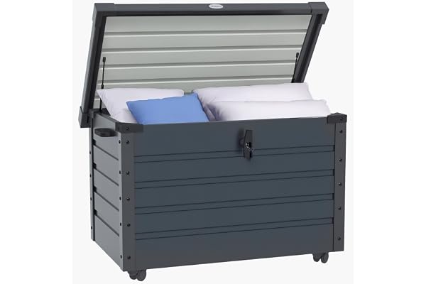 Outsunny Coffre de rangement extérieur 295L en acier galvanisé avec roulettes, vérin à gaz et poignée, coffre de jardin 100 x 62 x 65 cm gris