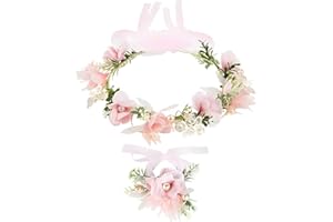 TAFACE 1 bandeau couronne et 1 pièce fleur de poignet pour femme, bandeau réglable pour femme, couronne de fleurs, couronne de perles, accessoire de cheveux pour femme, fête de mariage