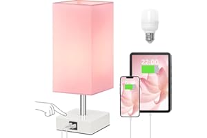 Aooshine Touch Table Lamp, Pink Bedside Lamps with 3 Way Dimmable, Small Bedside Lamp with USB C+A Charging Ports, Bedroom Lamp for Bedroom Living Room with Pink Fabric Shade (LED Bulb Included)