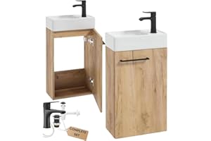 .Deftrans Domodomo Armario de baño con lavabo, armario de lavabo de 40 x 60 x 21,3 cm, juego de lavabo de cerámica, armario de pared para baño pequeño (roble + grifo de lavabo negro)