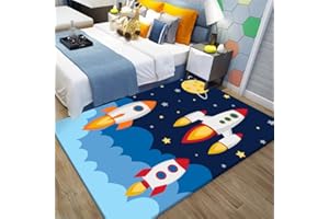 Judy1980 Children's Universe Planet Astronaut Living Room Mat Non-Slip Azul y Negro Carpets Children's Mat Lavable（120 x 160 cm