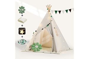 BlueWood Tipi Infantil, Tienda de campaña Interior para Niños con Luces de Hadas, Tienda de Juego con Banderas de Colores, Almohada de Flores, Alfombrilla Antideslizante y Bolsa de Almacenaje