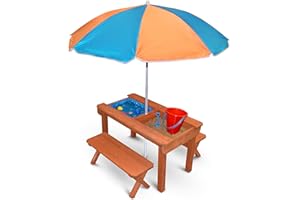 Funhobby Italia Srl Tavolo sabbiera in Legno Picnic Gioco Doppio scompartimento Sabbia e Acqua Incluso Ombrellone e Panchine