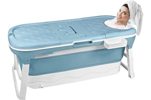 Uisebrt - Baignoire pliable pour adulte - Pliable et portable - Avec couvercle amovible, panier à savon et rouleau de massage - Taille L - 128 x 62 x 53 cm - Convient pour petite salle de bain - Bleu