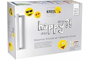 KREUL 42852 - Window Color Happyset, für kleine und große Kreative, 3 x 80 ml Fenstermalfarbe in schneeweiß, sonnengelb und kirschrot, 80 ml Konturenfarbe in schwarz, Spezialfolie und Malvorlagen