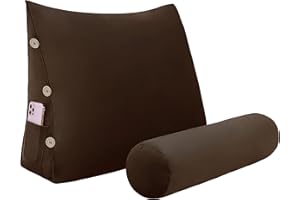 Johnear Poduszka pod plecy z rolką pod kark, zdejmowana poduszka pod kark, z aksamitnie miękkiej, na oparcie, na kanapę, do czytania, trójkątna, poduszka klinowa, podparcie karku, kolor brązowy, 60 x