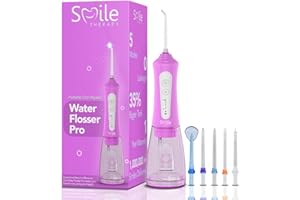 Smile Therapy Water Flosser Pro, Portable Oral Irrigator with 300ml Tank, 360° Rotating Nozzles, 5 Customisable Modes, Leak Proof Technology for Plaque Removal, Clean Teeth, Gum Care (Pink)