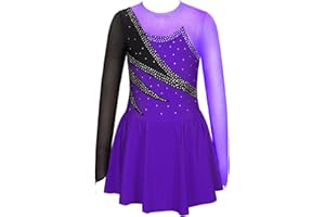 ranrann Enfant Fille Robe Patinage Artistique Manche Longue Strass Justaucorps Gymnastique Robe Danse Gym Costume Spectacle 5-16 Ans