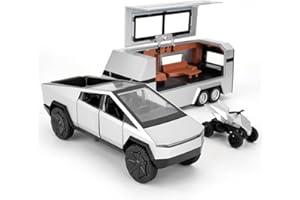 TGRCM-CZ 1/32 Tesla Cybertruck Electric Pick Up Truck RV Model Car with a Motorcycle, Zinc Alloy Pull Back Motorhome Toy Car with Sound and Light for Children Boys Girls Gift (Silver)