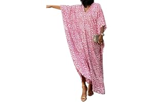 Bsubseach Robe de Plage Caftan Femme Grande Taille Kaftan Maxi Longue Tunique Bohème Boho à Manches Courtes Djellaba Eté Boubou Kimono Pareo