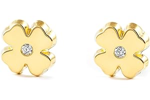 MONDE PETIT Pendientes Niña oro amarillo Trebol cuatro hojas y circon (9 Kts.) - Estuche Regalo - Certificado de Garantía - Mondepetit