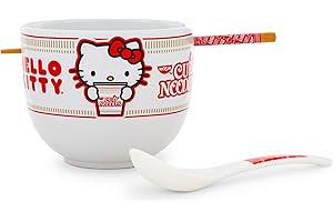 Silver Buffalo Sanrio Hello Kitty x Nissin Cup Noodles Service de table Ramen en céramique | Comprend un bol à nouilles de 590 ml, des baguettes en bois et une cuillère