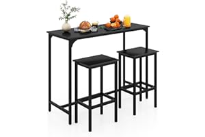 COSTWAY Bar Table Set with 2 Stools, 3 Pieces Breakfast Bar Set with Footrest, Counter Height Dining Table and Chairs for Home Kitchen Pub Cafe (Black)