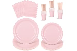 NATNARR 125 Pcs Pink Paper Plates and Napkins, Light Pink Party Supplies Include Scalloped Plate Napkins Cups Paper Straws for Baby Shower, Wedding, Birthday